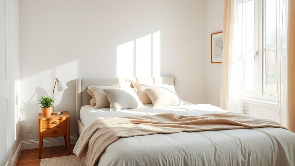 bright, minimalistic bedroom makeover with affordable home decor cozy bed, nightstand, lamp, and plant.
