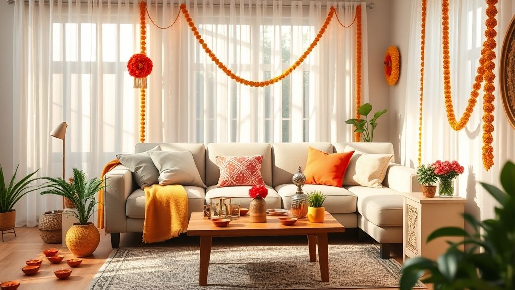 celebrate indian festivals with affordable home decor vibrant diyas, marigold garlands, lights, and cozy living room setup