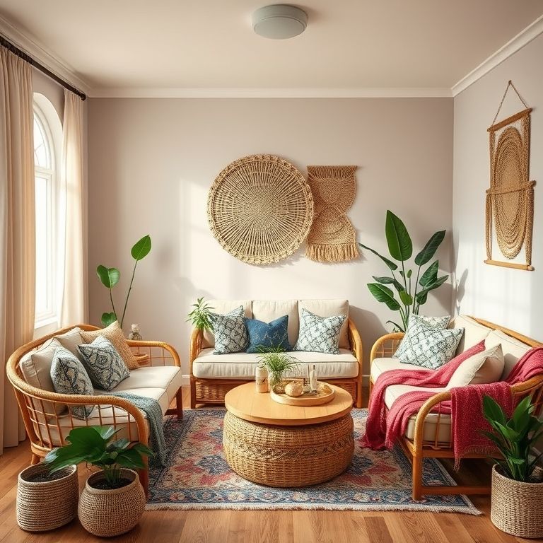 Modern boho living room decor with affordable rattan furniture, patterned cushions, and boho-style wall hangings