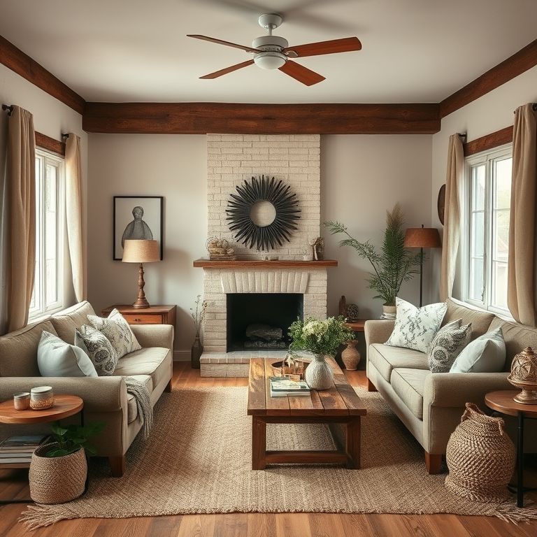 Rustic charm living room with budget-friendly wooden furniture, vintage accents, and earthy affordable decor ideas.