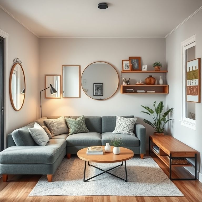 Small living room layout hacks with compact furniture, wall-mounted shelves, and affordable space-saving decor ideas