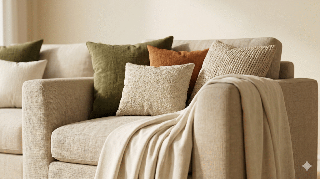Close-up of a beige sofa styled with layered textured cushions in olive, rust, and ivory using linen and bouclé fabrics. A soft cream throw blanket is draped casually over the armrest in warm daylight.