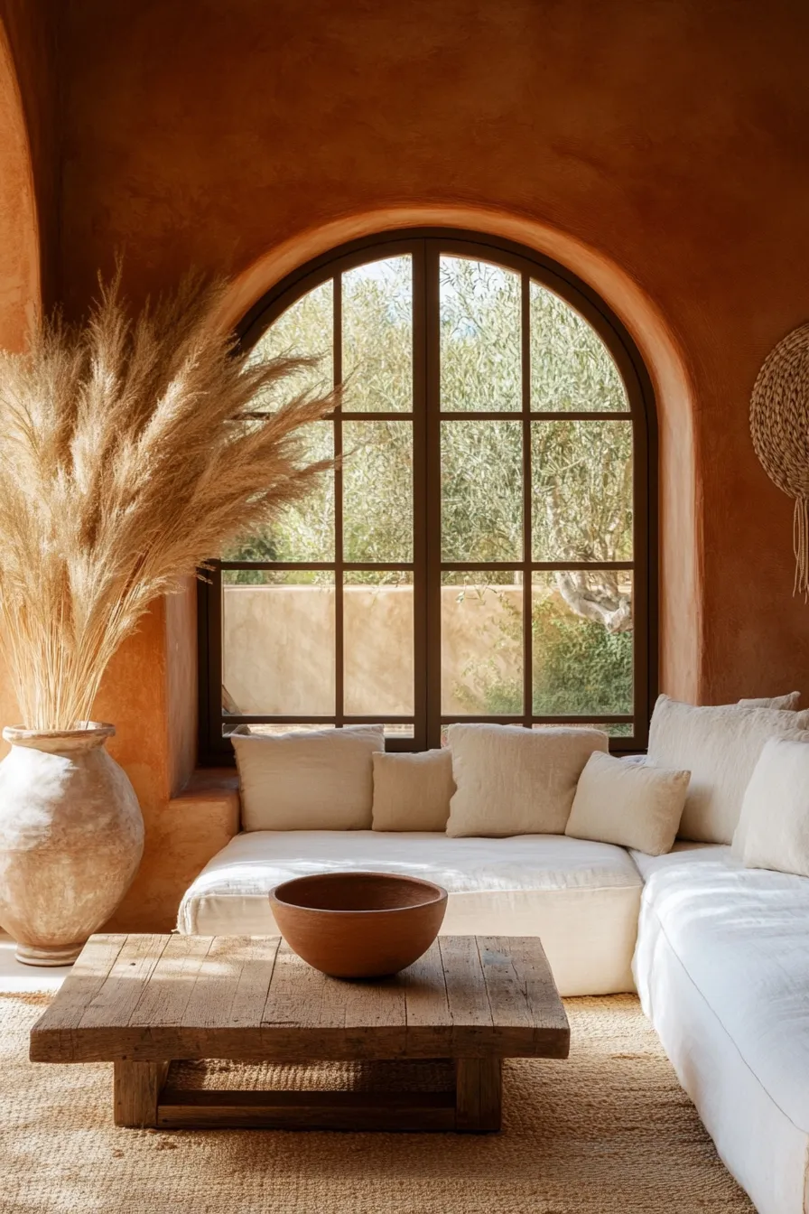 A bright, minimalist living room featuring a large, textured DIY canvas painting hung above a low-profile sofa.