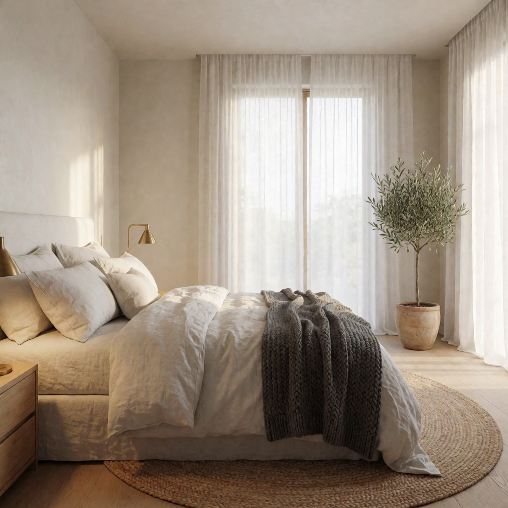 Wide-angle view of a serene budget bedroom makeover featuring warm off-white walls, neutral linen bedding, a textured knit throw, and a glowing brass nightstand lamp.