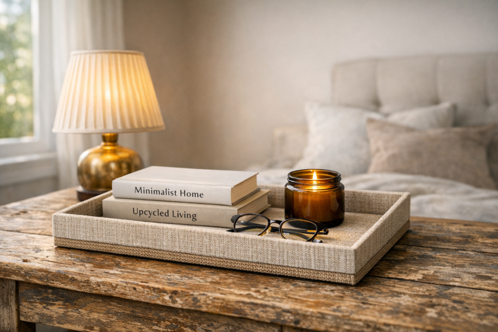 Editorial interior design photograph of a styled nightstand, centered on the finished custom-made cardboard bedside tray, wrapped in textured oatmeal linen, showcasing an upcycled and functional organization solution.