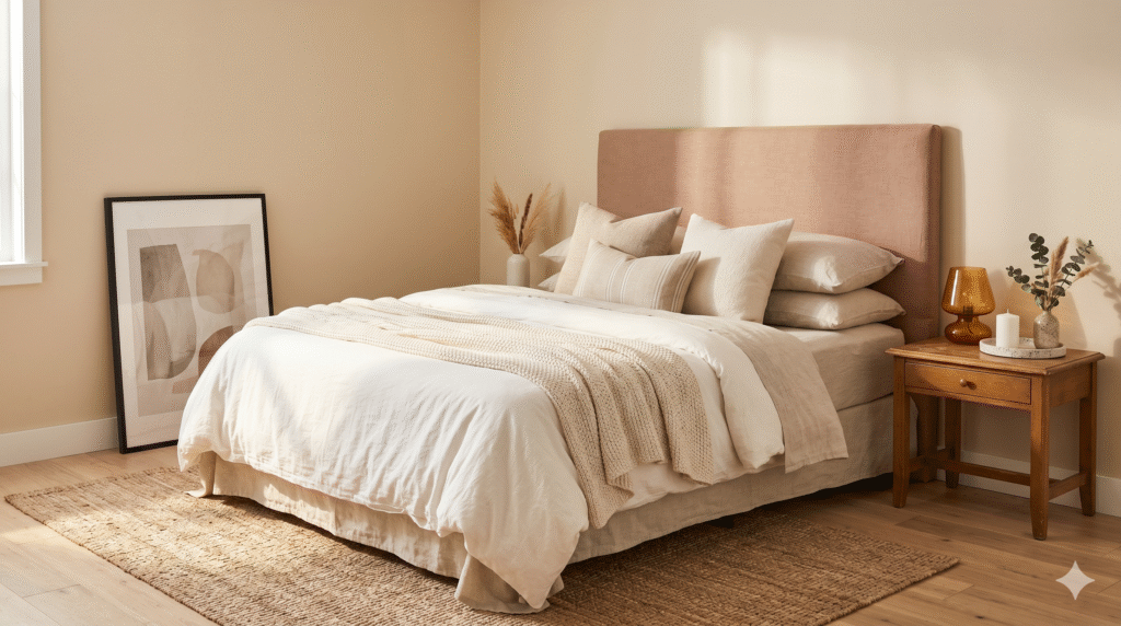 A cozy, neutral-toned bedroom featuring layered oatmeal and white bedding, a soft clay-toned upholstered headboard, and a thrifted wooden nightstand with an amber glass lamp. An oversized abstract art print leans against warm sand-colored walls, with a textured jute rug on light wood floors.