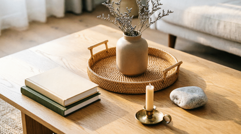 Close-up of a designer-styled low wooden coffee table featuring a woven tray holding a ceramic vase with dried branches, a stack of hardback books, a stone object, and a lit candle, utilizing elegant negative space.