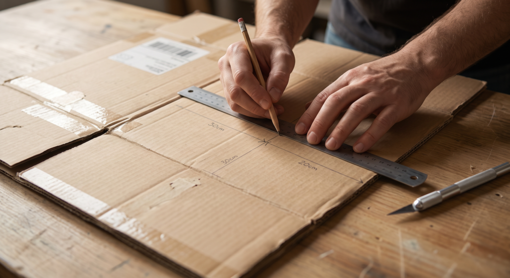 Close-up of measuring and cutting repurposed shipping boxes for a DIY cardboard bedside tray base.