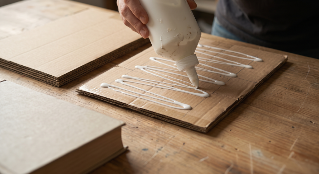 Applying white craft adhesive to raw cardboard layers to create a rigid tray base.