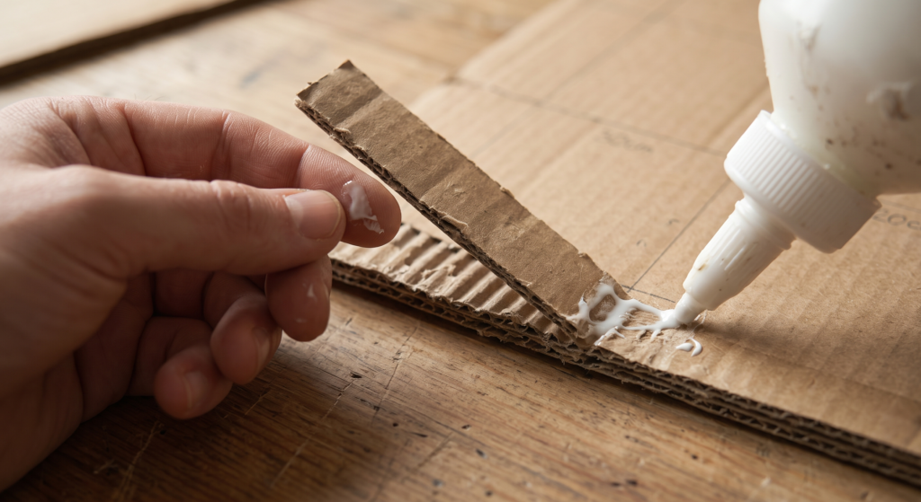 Gluing raw cardboard strips to the reinforced base to build the side walls of the DIY bedside tray.