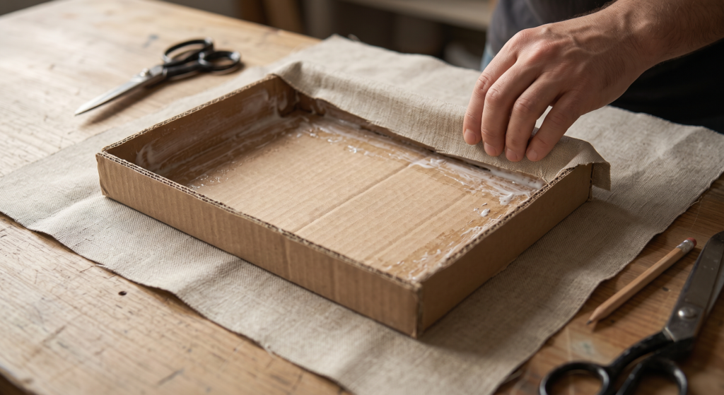 Wrapping the assembled raw cardboard tray structure in textured oatmeal linen fabric.
