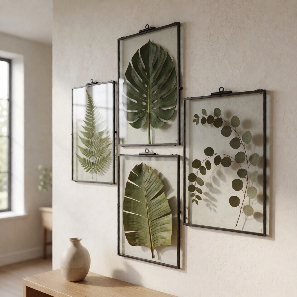 An organic arrangement of clear floating glass frames displaying pressed Monstera and fern leaves against a warm neutral wall.