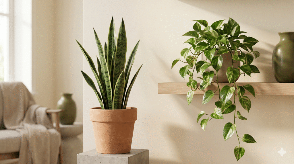 A modern living room corner featuring a sculptural snake plant in a terracotta pot against a warm ivory wall. A trailing pothos plant rests on a nearby wooden shelf surrounded by soft natural daylight and olive accents.