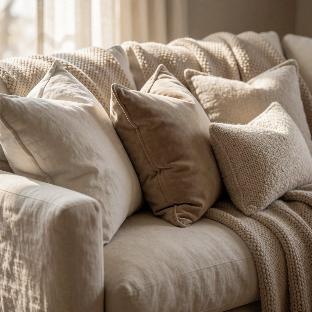 Close-up of linen and velvet cushions with varied textures styled on a neutral beige sofa in a modern living room.