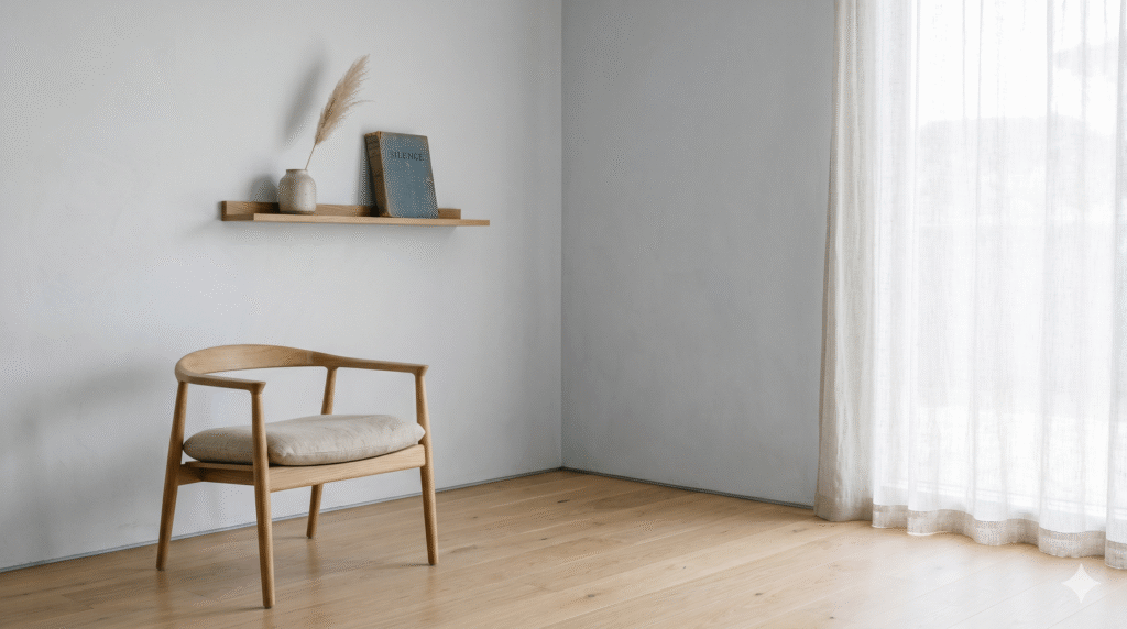 A minimalist room corner with a single linen-cushioned chair, a narrow floating shelf holding a ceramic vessel and dried stem, and sheer curtains diffusing soft natural light — illustrating the philosophy of visual silence in small space design.