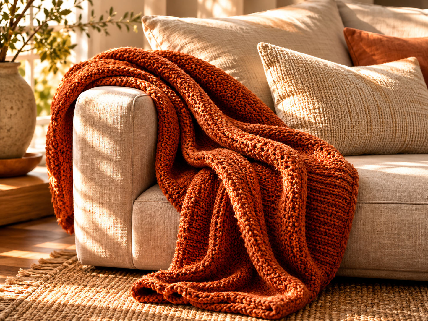 A chunky rust-orange knit throw casually draped over the arm of a warm linen sofa, pooling slightly at the base, styled for an affordable home decor blog