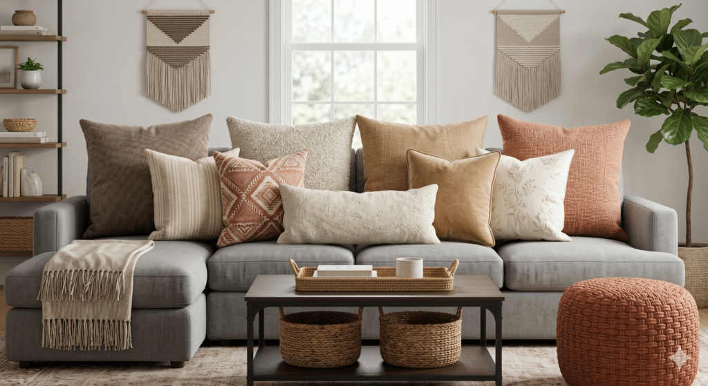 Warm neutral sectional sofa styled with mixed-pattern cushions, textured throw pillows, and cozy layered decor in a modern living room.