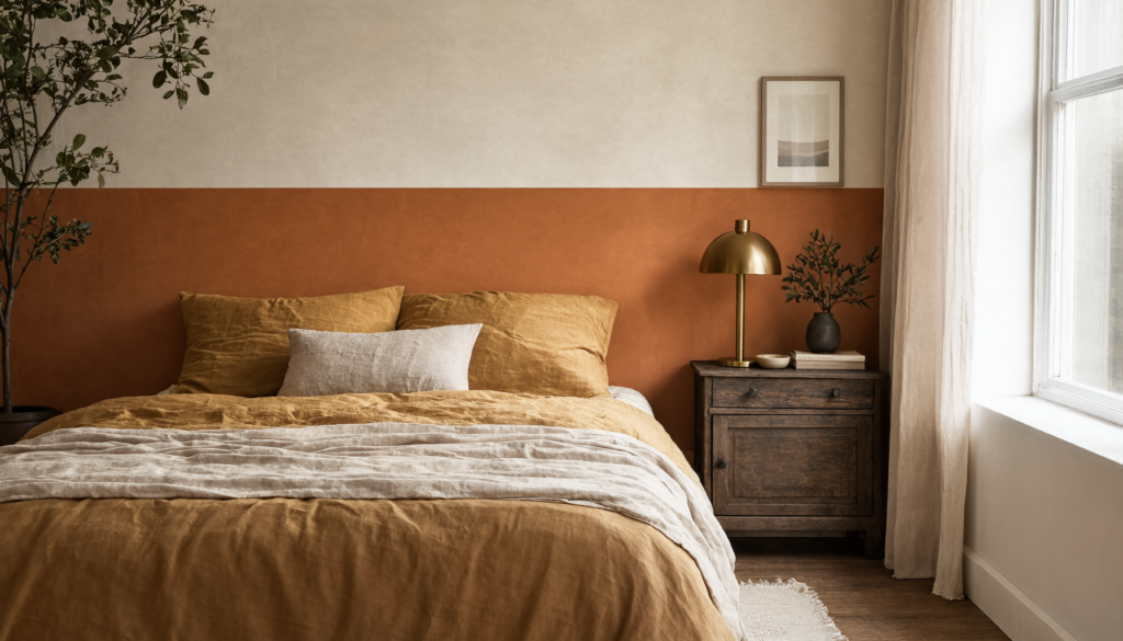 Serene bedroom with washed linen bedding in muted gold, a repurposed vintage wooden nightstand, and a DIY color-block accent wall.