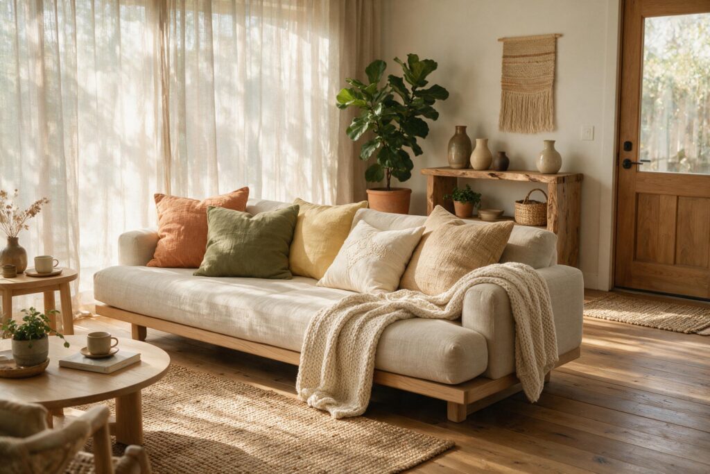 Modern beige linen sofa decorated with earthy terracotta, olive green, and mustard yellow cushions alongside a chunky knit throw.