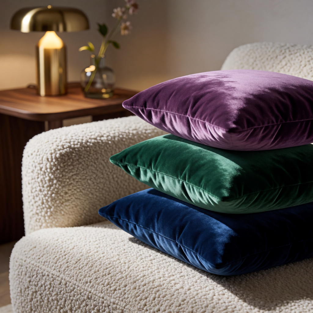 Beige sofa styled with luxurious navy blue, emerald green, and plum velvet cushions in an elegant living room setting.