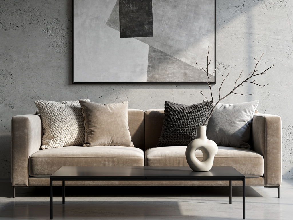 Minimalist living room featuring a beige velvet sofa with a tonal arrangement of cream, taupe, and charcoal grey cushions.