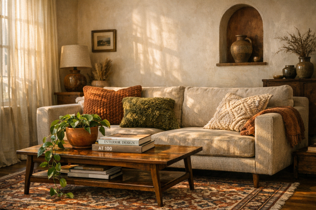Cozy living room featuring a neutral sofa with moss green pillows, a thrifted wooden coffee table, and warm plaster walls demonstrating budget-friendly decor.