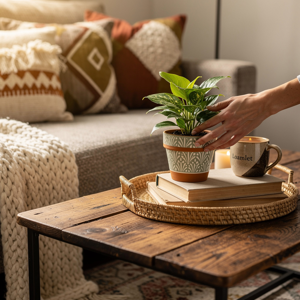 A close-up of a woman's hand placing a potted plant in a unique patterned terracotta pot on a coffee table, next to thrifted books and cozy cushions on a sofa, demonstrating transformative budget decor. Caption: Small, intentional changes like styling a tray or propagating a plant make a huge impact on a room's vibe without