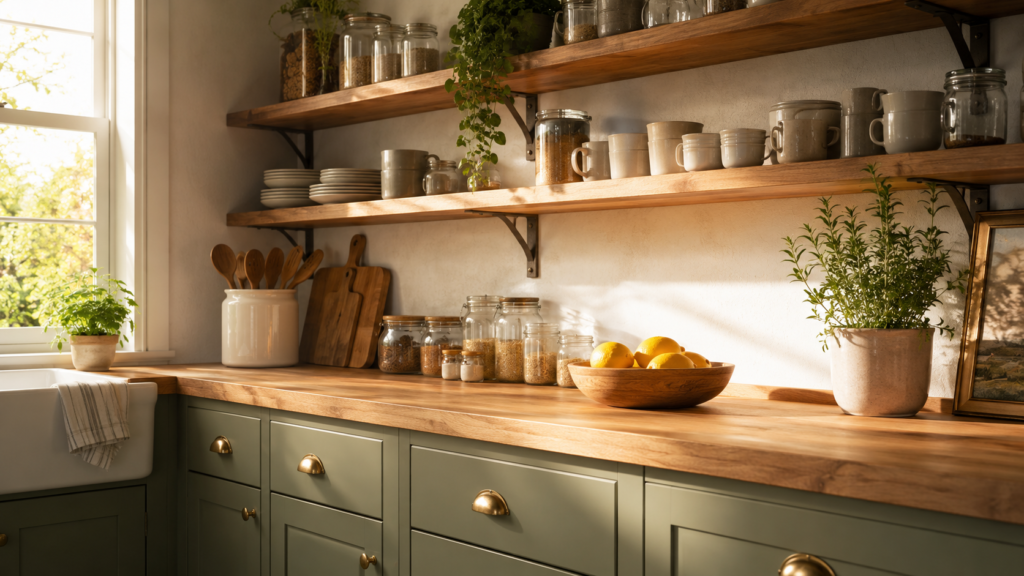 Stylish budget kitchen refresh featuring painted sage green lower cabinets with brass hardware, open raw-wood shelving, and a butcher block countertop.
