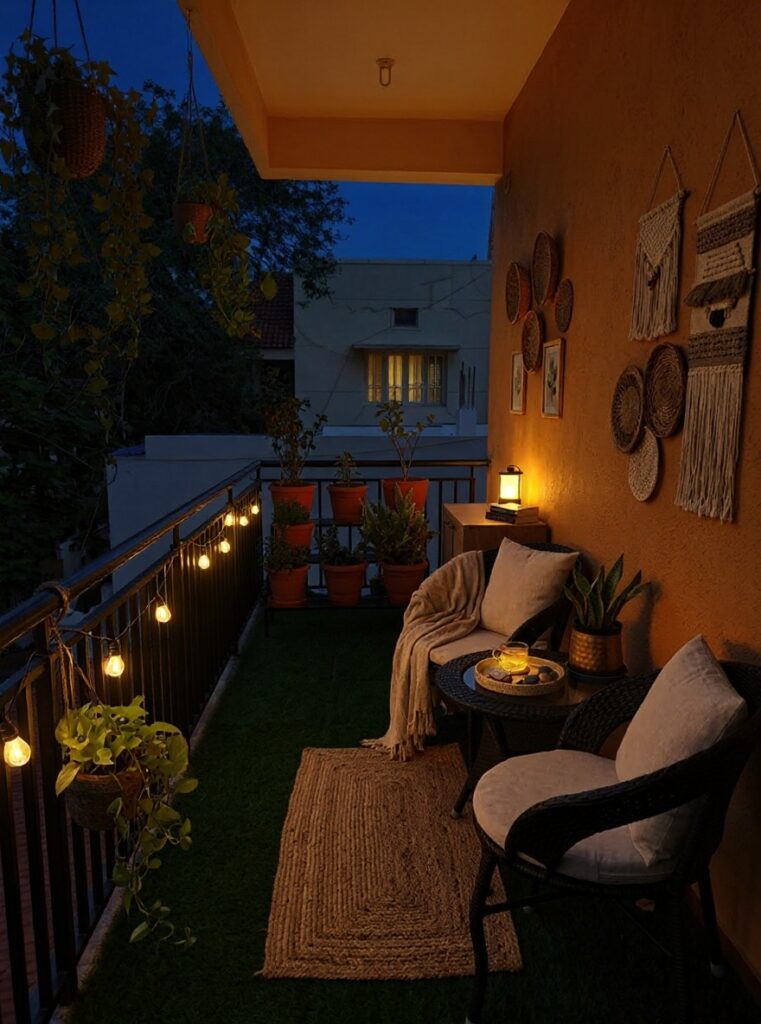 Cozy boho balcony at evening featuring warm string lights, wicker chairs, potted plants on artificial grass, and woven wall decor against a twilight sky.