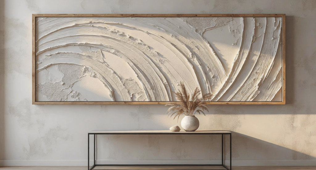Large DIY textured plaster wall art in a minimalist sweeping design, framed in raw wood, hanging above a sleek console table.