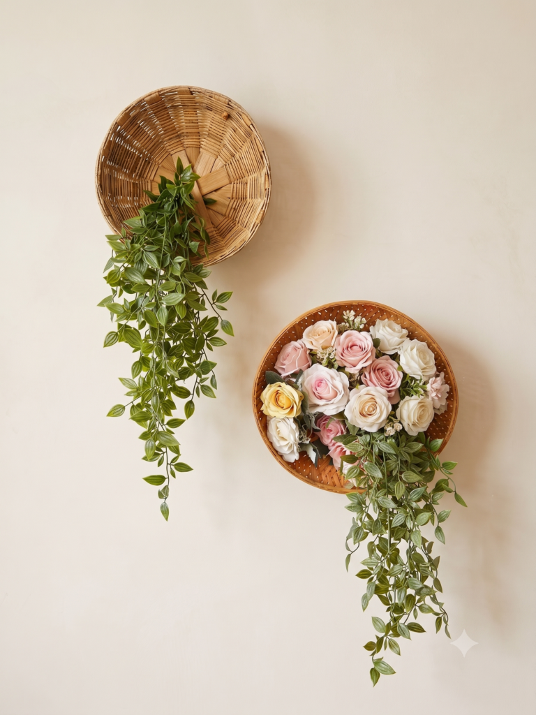 A high-resolution, realistic photograph of two circular bamboo baskets seamlessly mounted on a cream textured wall, appearing to float. The upper left basket holds a cascading green plant (Pilea-like), and the lower right basket is filled with a lush arrangement of realistic multi-colored roses (pink, white, yellow) and trailing foliage.