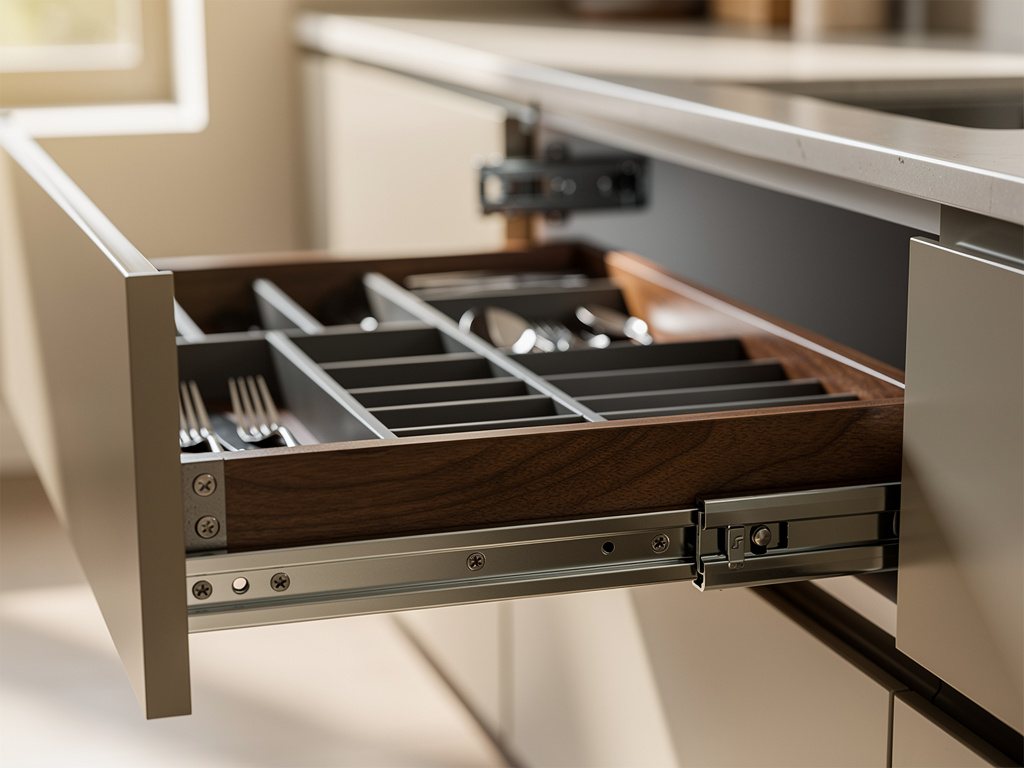 Close-up of a soft-close drawer channel and organized cutlery tray inside a modular kitchen