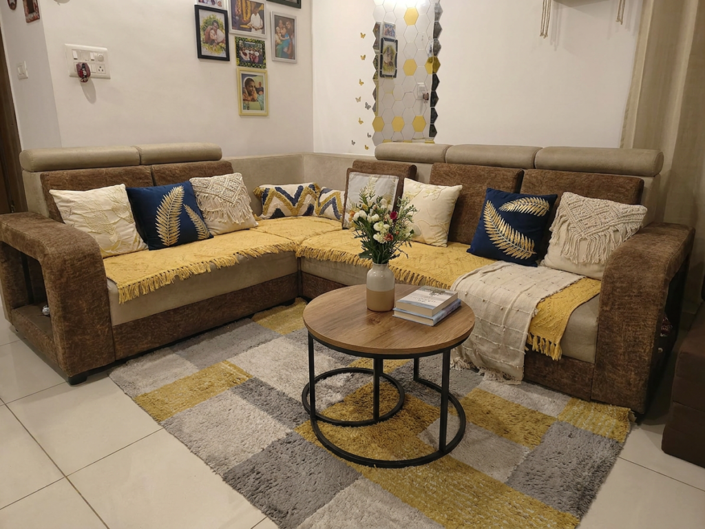 A comfortable, mushroom-beige sofa in a living room, serving as a neutral base ready to be styled with different cushion colour formulas.