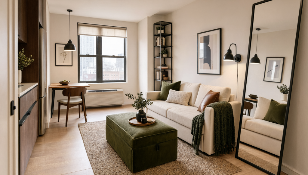 Bright small apartment living space utilizing a space-saving layout with a storage ottoman, slim vertical bookshelf, and a large leaning floor mirror.