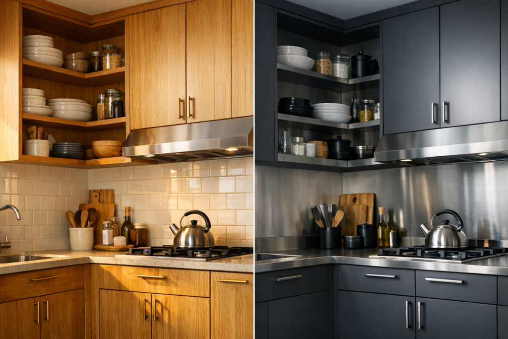 A split view comparing wood and steel termite proof modular kitchen materials